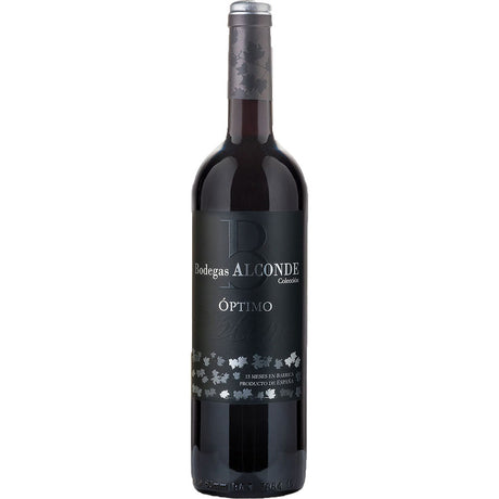 Eine Flasche Bodegas Alconde Coleccion Optimo Crianza Tinto de Navarra 2022, ein Rotwein mit schwarzem Etikett und silbernem Text, der den klassischen Tempranillo-Stil und seine Tiefe zum Ausdruck bringt.