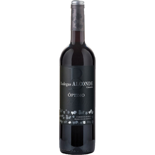 Eine Flasche Bodegas Alconde Coleccion Optimo Crianza Tinto de Navarra 2022, ein Rotwein mit schwarzem Etikett und silbernem Text, der den klassischen Tempranillo-Stil und seine Tiefe zum Ausdruck bringt.