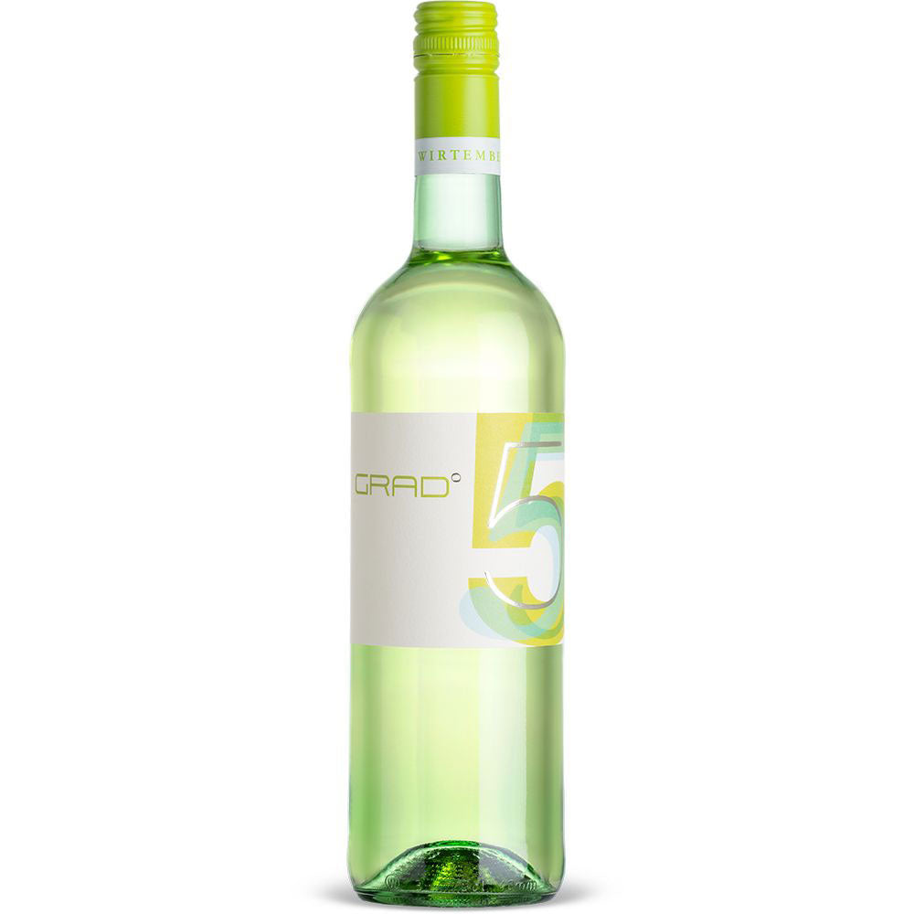 Eine Flasche Collegium Wirtemberg Grad 5 Weißwein-Cuvée 2024 mit grüner Kappe und dem auffälligen Etikett "5 GRAD°" - perfekt als Sommerwein.