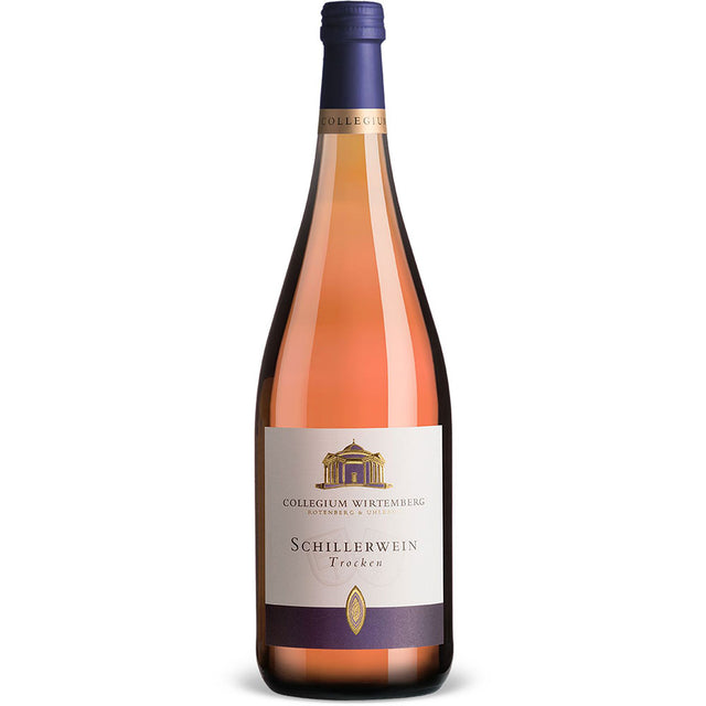 Eine 1-Liter-Flasche Collegium Wirtemberg Schillerwein Trocken mit einem violetten Verschluss und einem weiß-violetten Etikett.