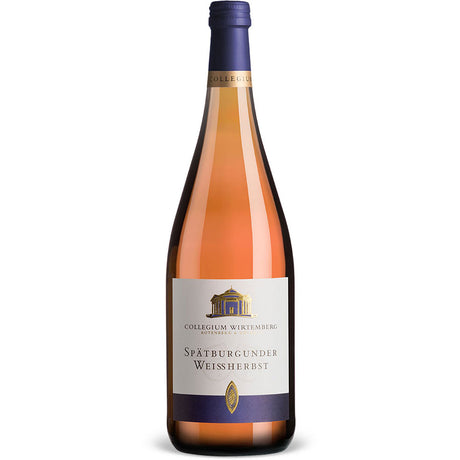 Eine 1-Liter-Flasche Collegium Wirtemberg Spätburgunder Weißherbst (MEHRWEG), Teil eines 12er-Packs, mit blau-goldenem Etikett.