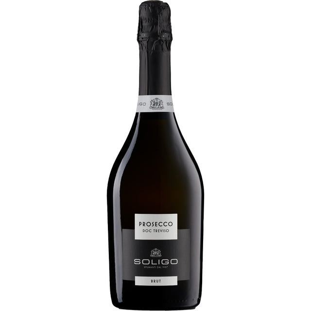 Eine 0,75-Liter-Flasche Colli del Soligo Prosecco DOC Treviso Brut von Colli del Soligo, hergestellt aus ausgewählten Glera-Trauben, mit schwarzem Etikett und Folie am Hals.
