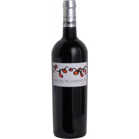 Eine dunkle Weinflasche mit silbernem Verschluss und einem Etikett mit roten Beeren und dem Schriftzug "Corral de Campanas". Bodegas Quinta Quietud Corral de Campanas 2021 ist ein Rotwein DO Toro, der von Bodegas Quinta Quietud aus Tinta de Toro-Trauben hergestellt wird.