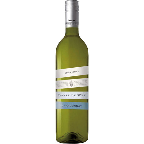 Eine Flasche Danie de Wet Good Hope Chardonnay 2025 aus dem Robertson Valley mit silbernem Verschluss und eleganten blauen, weißen und goldenen Etiketten.