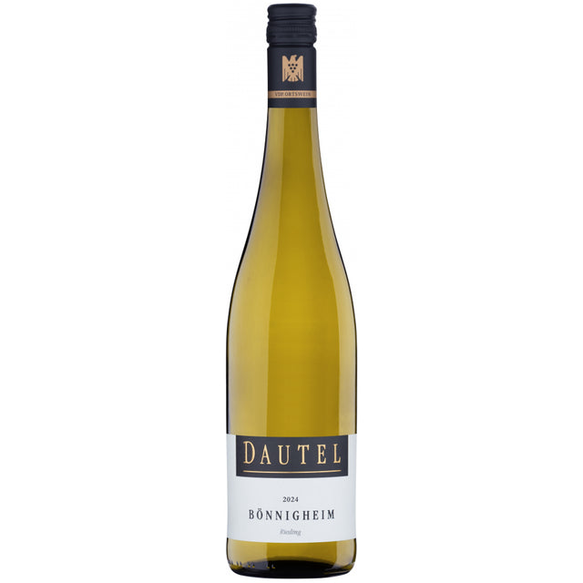 Eine Flasche „Weingut Dautel Bönnigheim Riesling trocken 2024“ mit weißem Etikett und schwarzem Schraubverschluss.