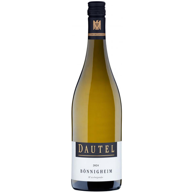 Eine Flasche Dautel Bönnigheim Weißburgunder trocken 2024 vom Weingut Dautel mit dunklem Verschluss und weißem Etikett.