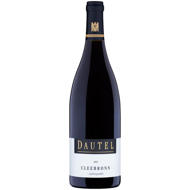 Eine Flasche „Weingut Dautel Cleebronn Spätburgunder trocken 2023“ mit einem schwarz-weißen Etikett auf weißem Hintergrund.