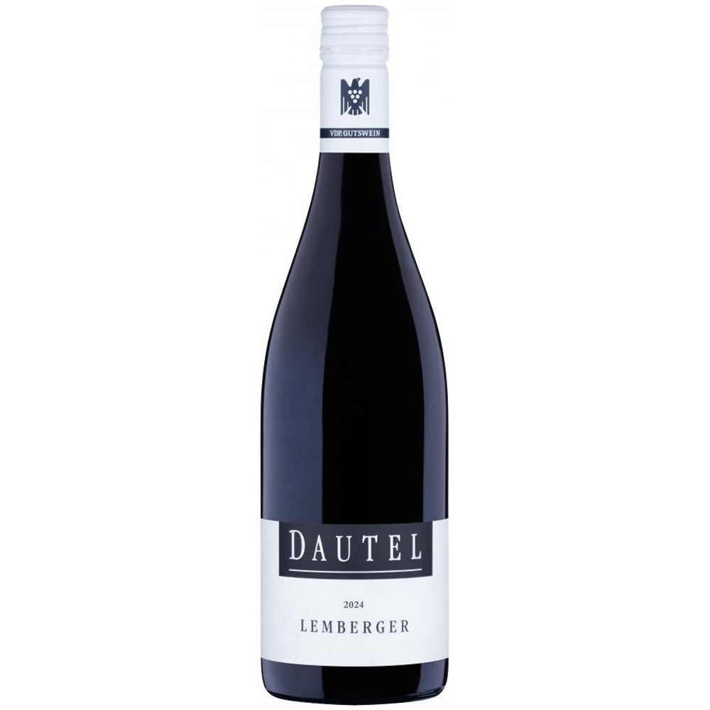 Eine Flasche Dautel Lemberger trocken 2024 vom Weingut Dautel, ein VDP.Gutswein, der mit seinem weißen Etikett und seiner Kappe den unverwechselbaren Charakter und die Qualität Württembergs verkörpert.