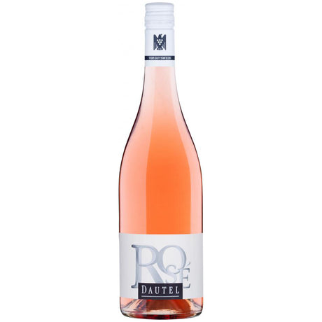 Eine Flasche „Dautel Rosé trocken 2025“ vom Weingut Dautel hat ein weißes Etikett und einen weißen Schraubverschluss. Dieser elegante württembergische Roséwein, gekeltert aus Lemberger- und Spätburgunder-Trauben, verkörpert perfekt den lebendigen Charakter der Region.