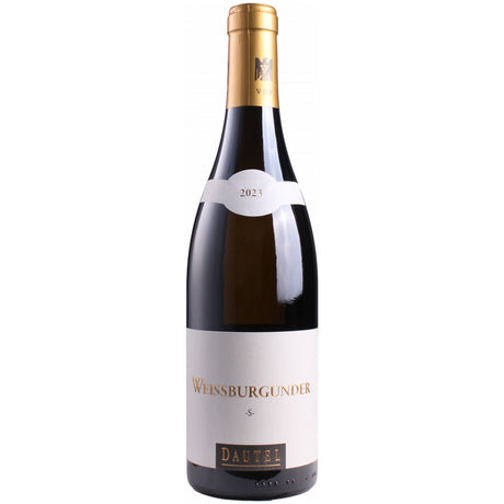 Eine Flasche „Weingut Dautel Weißburgunder -S- trocken 2023“ aus Württemberg mit einem eleganten weiß-goldenen Etikett, klassifiziert als VDP-Ortswein.