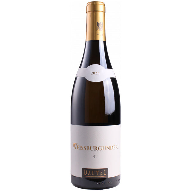 Eine Flasche „Weingut Dautel Weißburgunder -S- trocken 2023“ aus Württemberg mit einem eleganten weiß-goldenen Etikett, klassifiziert als VDP-Ortswein.
