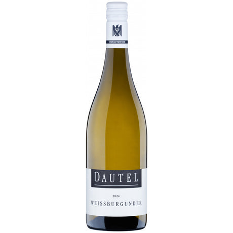 Eine Flasche Weißburgunder trocken 2025 vom Weingut Dautel, ein erlesener VDP-Gutswein mit einem weißen und einem schwarzen Etikett auf weißem Hintergrund.