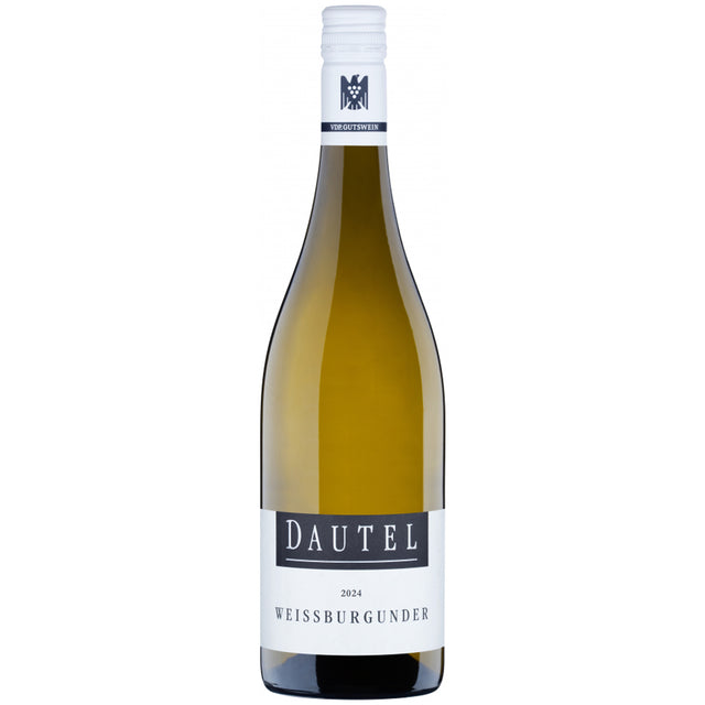 Eine Flasche Weißburgunder trocken 2025 vom Weingut Dautel, ein erlesener VDP-Gutswein mit einem weißen und einem schwarzen Etikett auf weißem Hintergrund.
