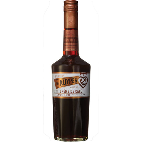 Eine 0,7L Flasche De Kuyper Creme de Cafe Likör (20% vol) von De Kuyper, mit braunem Etikett und Verschluss.