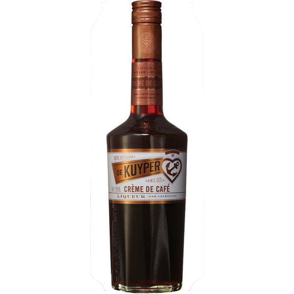 Eine 0,7L Flasche De Kuyper Creme de Cafe Likör (20% vol) von De Kuyper, mit braunem Etikett und Verschluss.