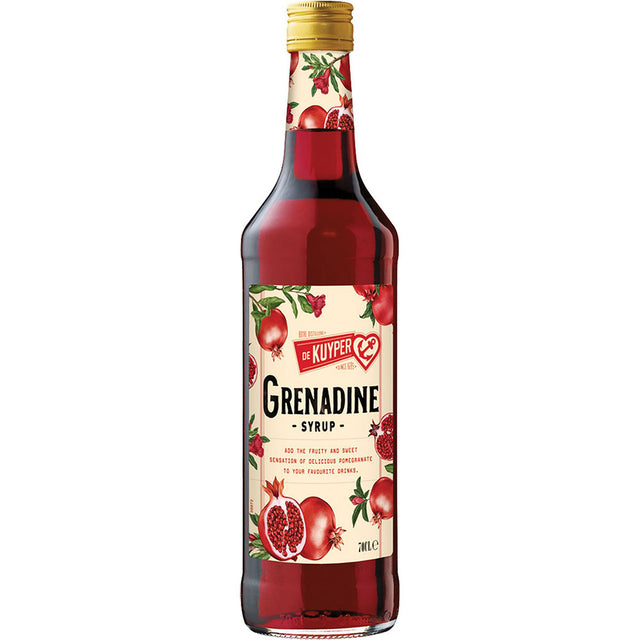 Eine Flasche De Kuyper Grenadine Sirup 0,7 Liter - ein alkoholfreier Sirup der Marke De Kuyper mit Granatapfelillustrationen auf Etikett und Hals.