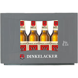 Ein grauer Kasten mit Dinkelacker Hell 24x 0,33 Liter (MEHRWEG) Flaschen zeigt das Dinkelacker-Logo und feiert die schwäbische Braukunst.