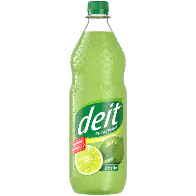 Eine grüne Flasche Deit Limonade Limette PET 12x 1 Liter (MEHRWEG) von Deit, mit Kondenswasser und Limettengrafik, bietet eine kalorienarme Erfrischung als zuckerfreie Limonade.