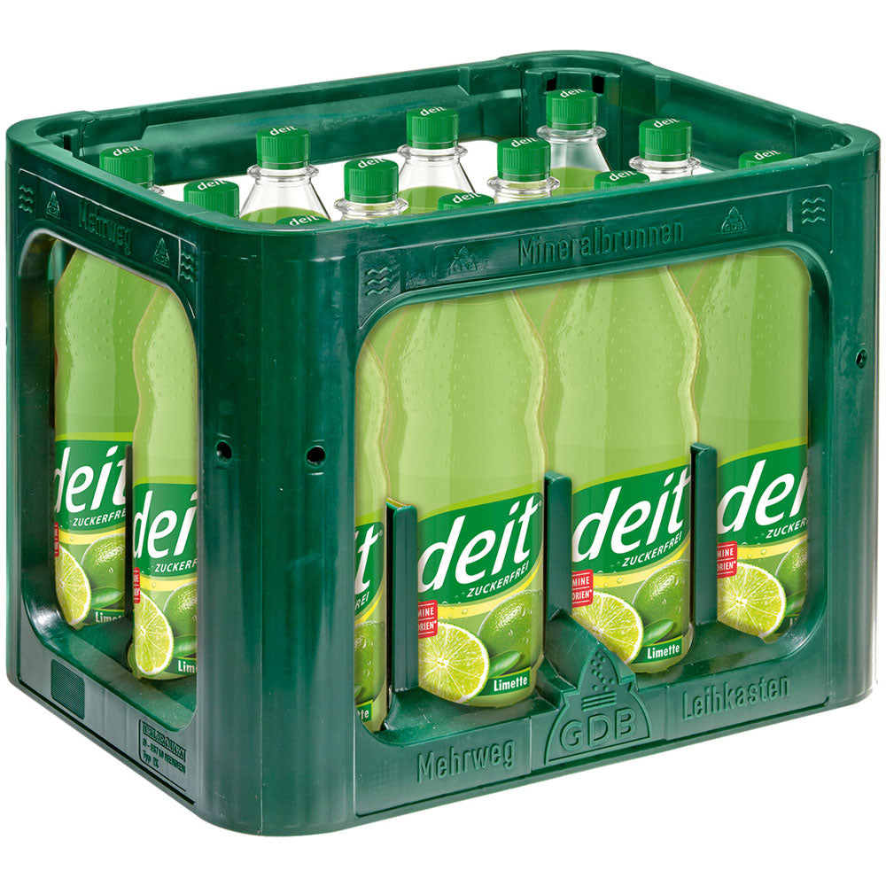 Grüne Kiste mit zwölf 1L-Flaschen Deit Limonade Limette PET (zuckerfreie Limonade, MEHRWEG), jeweils mit grünem Verschluss und Limetten-Etikett - perfekt für kalorienarme Erfrischung. Marke: Deit.