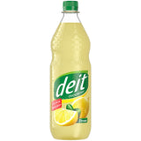 Eine Flasche Deit Limonade Zitrone PET 1L (MEHRWEG) von Deit, eine zuckerfreie Limonade mit grünem Deckel und Zitronenmotiven auf dem Etikett.
