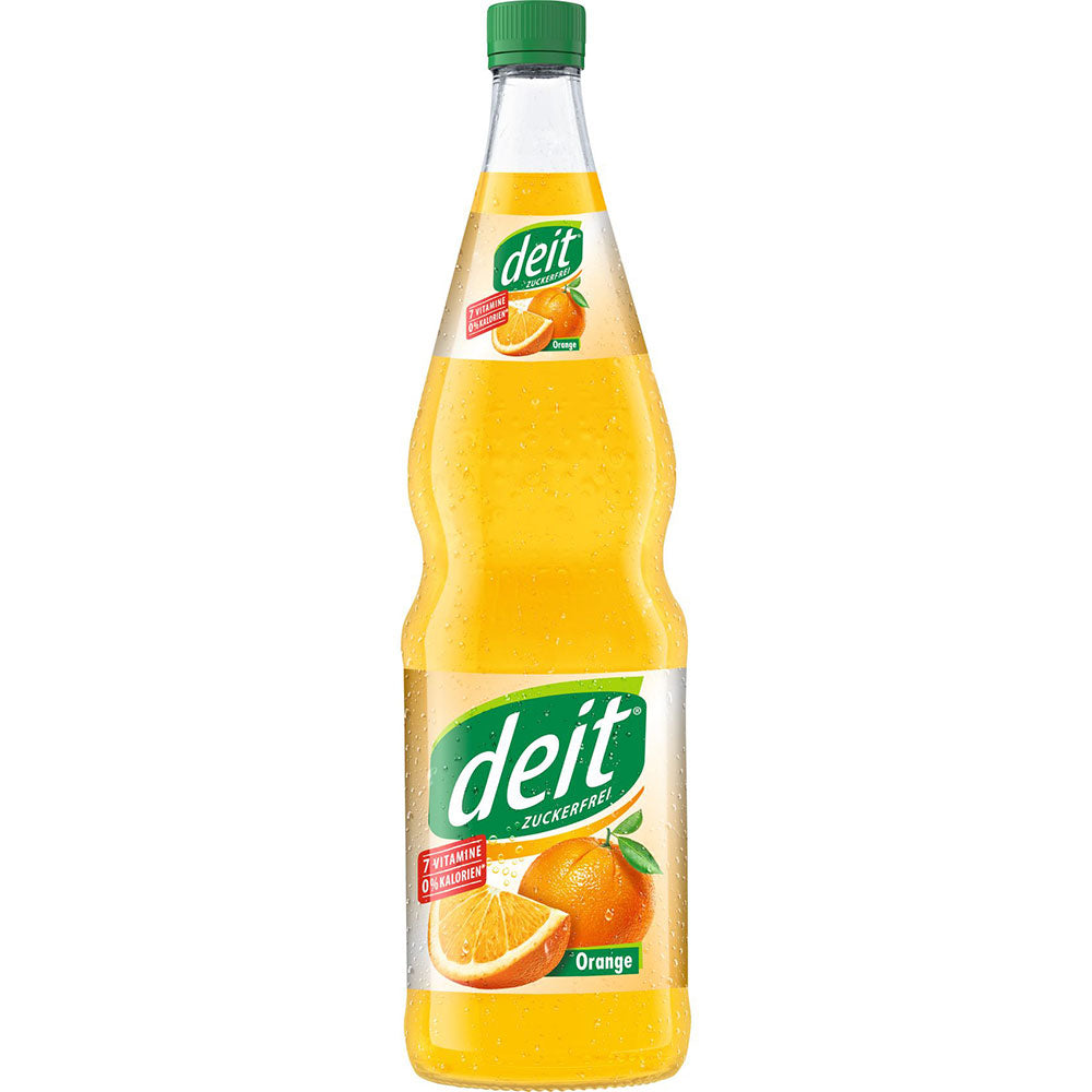 Die zuckerfreie 0,7-Liter-Flasche Deit Orange von Deit mit grünem Deckel und vitaminreichen Orangenscheiben auf dem Etikett. Erhältlich in einer 12x0,7L MEHRWEG-Packung.