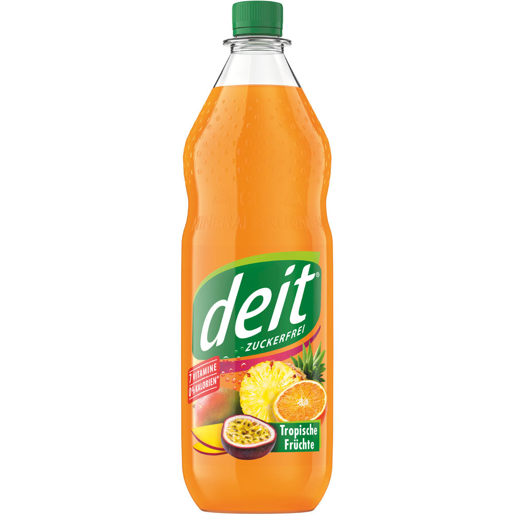Eine Deit Tropische Früchte PET 1L Flasche (Mehrweg) mit bunten Bildern von Orange, Ananas, Mango und Passionsfrucht. Erhältlich in einer 12er-Packung der Marke Deit.