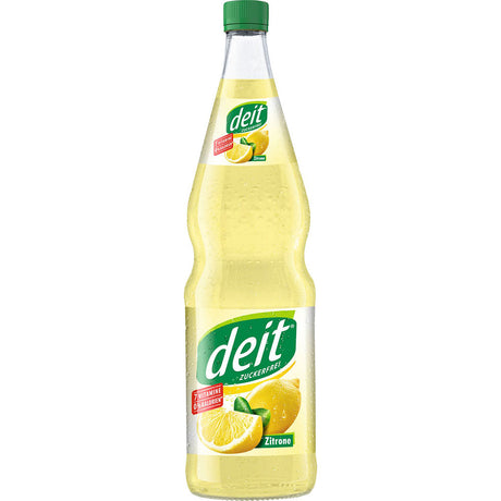 Deit Zitrone Trüb 12x0,7L (MEHRWEG) von Deit: Zuckerfreies Getränk mit grünem Deckel und Zitronen-Grafik - ideal als erfrischendes Vitamingetränk.