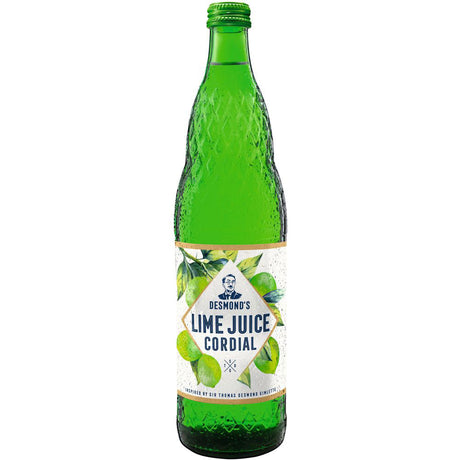Eine 0,75-Liter-Flasche Desmond's Lime Juice Cordial mit Limetten-Etikett und Markenlogo - ideal, um Ihre Lieblingsgetränke mit einem Spritzer Limettenkonzentrat zu verfeinern.