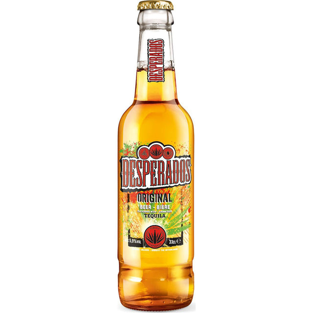 Desperados 24x 0,33 Liter (MEHRWEG) von Desperados: Ein erfrischendes, tequila-aromatisiertes Lagerbier mit goldener Farbe und bunter Etikettgestaltung - ideal für alle, die Lager mit einem besonderen Twist suchen.