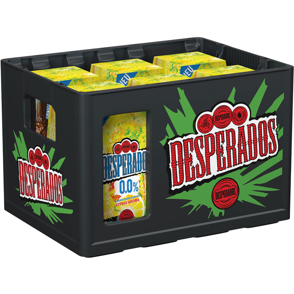 Eine Kiste Desperados 0,0% Alkoholfrei (24 x 0,33L MEHRWEG) bietet den gewagten Desperados-Geschmack, den Sie lieben, jetzt mit 0% Alkohol - perfekt für den Genuss zu jeder Zeit.