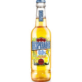Eine Flasche Desperados 0,0% Alkoholfrei von Desperados, erhältlich in einer 24x 0,33L (MEHRWEG) Packung, steht auf einem weißen Hintergrund.