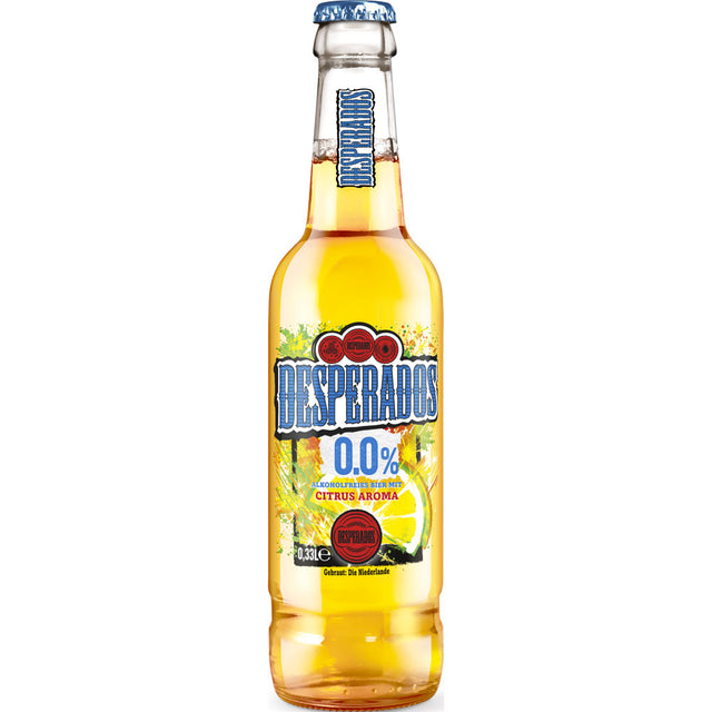 Eine Flasche Desperados 0,0% Alkoholfrei von Desperados, erhältlich in einer 24x 0,33L (MEHRWEG) Packung, steht auf einem weißen Hintergrund.