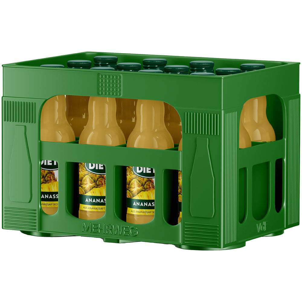 Eine grüne Kiste mit 12 Dietz Ananassaft 0,2L Glasflaschen mit gelben Verschlüssen und sichtbaren Etiketten.