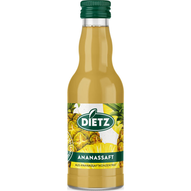 Eine 0,2-Liter-Flasche Dietz Ananassaft mit grünem Verschluss und Ananas-Etikett, gebrandet mit "Dietz". Erhältlich als 12er-Pack (MEHRWEG).