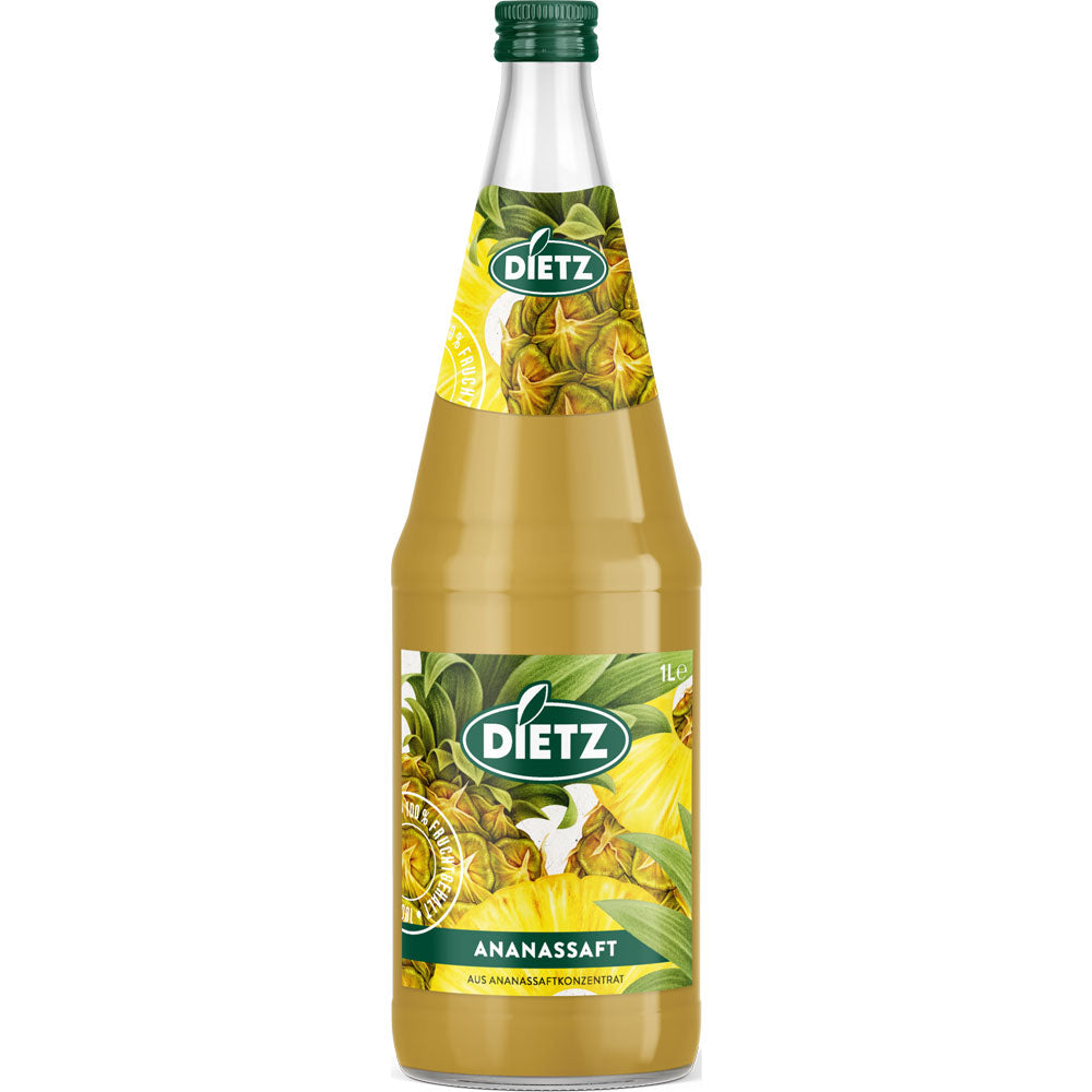 Dietz Ananassaft 6x1L (MEHRWEG): Genießen Sie glutenfreien Ananassaft in 1-Liter-Flaschen mit grünem Verschluss und tropischem Etikett - ein erfrischender Geschmack für jede Gelegenheit.
