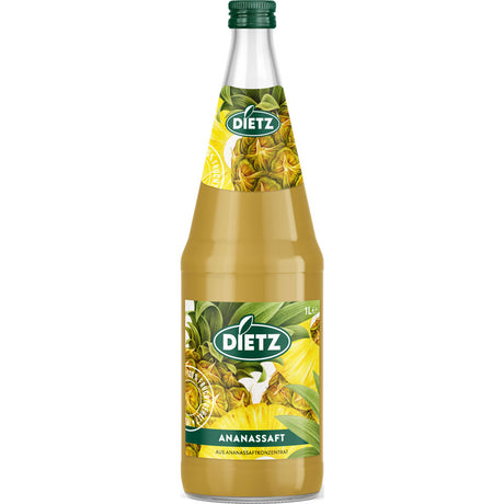 Dietz Ananassaft 6x1L (MEHRWEG): Genießen Sie glutenfreien Ananassaft in 1-Liter-Flaschen mit grünem Verschluss und tropischem Etikett - ein erfrischender Geschmack für jede Gelegenheit.