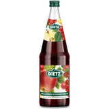 Eine Glasflasche Dietz Apfel-Kirsch-Zitronen-Nektar 6x1 Liter (MEHRWEG), mit Abbildungen von Äpfeln, Kirschen und Zitronen auf dem Etikett. Marke: Dietz.