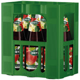 Eine grüne Plastikkiste enthält sechs 1-Liter-Flaschen Dietz Apfel-Kirsch-Zitronen-Nektar (MEHRWEG) mit deutlich sichtbaren Etiketten.