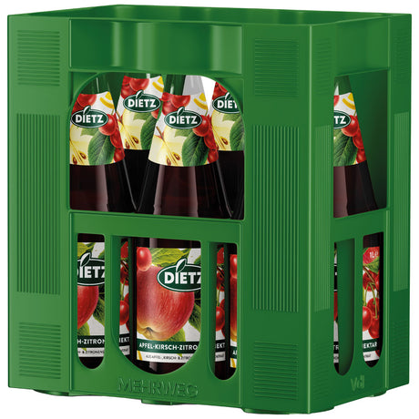 Eine grüne Plastikkiste enthält sechs 1-Liter-Flaschen Dietz Apfel-Kirsch-Zitronen-Nektar (MEHRWEG) mit deutlich sichtbaren Etiketten.