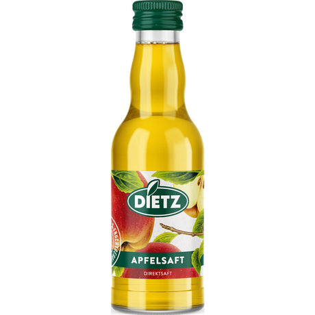 Eine Glasflasche Dietz Apfelsaft klar 0,2L (MEHRWEG) mit grünem Deckel und Apfelgrafik; dieser erfrischende Saft von Dietz ist glutenfrei.