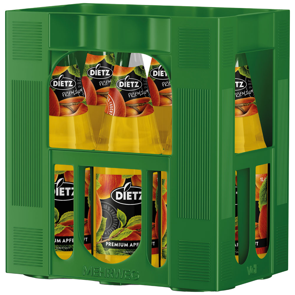 Grüner Kasten mit Flaschen Dietz Apfelsaft Premium 6x1L (MEHRWEG), mit sichtbaren Etiketten in Orange und Apfel.