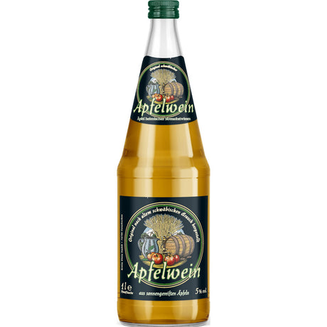 Eine 1-Liter-Glasflasche Dietz Apfelwein (6er-Set, MEHRWEG) von Dietz, mit grünem Etikett mit Äpfeln, Fässern und deutschem Text, der den schwäbischen Brauch feiert.