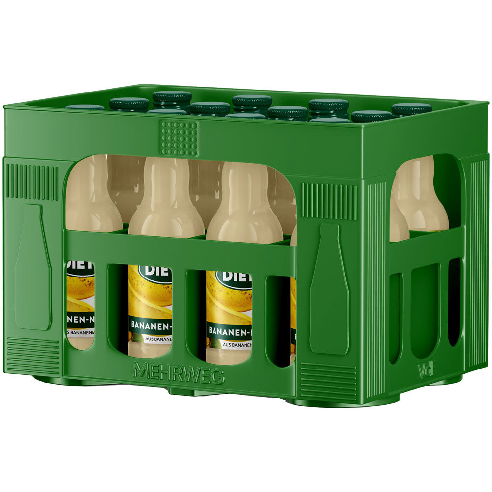 Eine grüne Kiste Dietz Bananen-Nektar 12x 0,2L (MEHRWEG) bietet köstlichen Bananengeschmack in jeder Flasche.