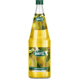 Eine 1-Liter-Glasflasche Dietz Birnensaft mit grünem Etikett und Birnenmotiven; erhältlich im Multipack (6x1L, MEHRWEG).