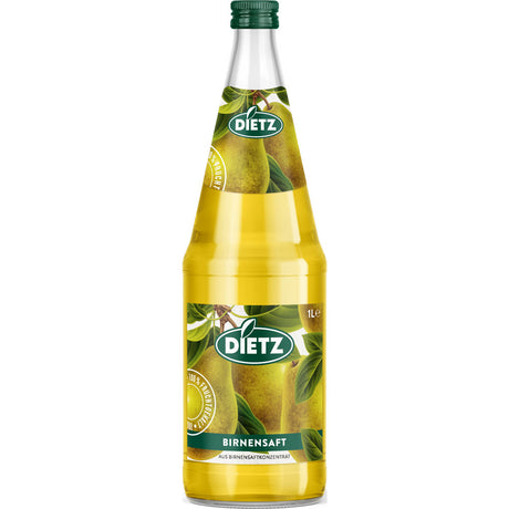 Eine 1-Liter-Glasflasche Dietz Birnensaft mit grünem Etikett und Birnenmotiven; erhältlich im Multipack (6x1L, MEHRWEG).