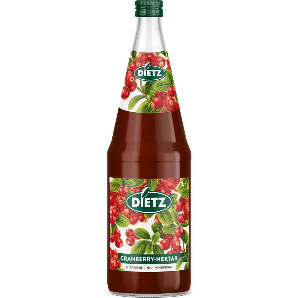 Dietz Cranberry-Nektar 6x1L (MEHRWEG) - ein glutenfreies Getränk mit fruchtigem Cranberry-Geschmack, perfekt für erfrischenden Genuss. Die Flaschen ziert ein lebendiges Etikett mit Cranberry-Illustrationen.