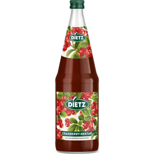 Dietz Cranberry-Nektar 6x1L (MEHRWEG) - ein glutenfreies Getränk mit fruchtigem Cranberry-Geschmack, perfekt für erfrischenden Genuss. Die Flaschen ziert ein lebendiges Etikett mit Cranberry-Illustrationen.