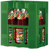 Grüner Kasten mit Flaschen Dietz Cranberry-Nektar 6x1L (MEHRWEG), mit Beeren- und Blattetiketten, die durch die Öffnungen sichtbar sind - perfekt für alle, die ein erfrischendes Fruchtgetränk der Marke Dietz suchen.
