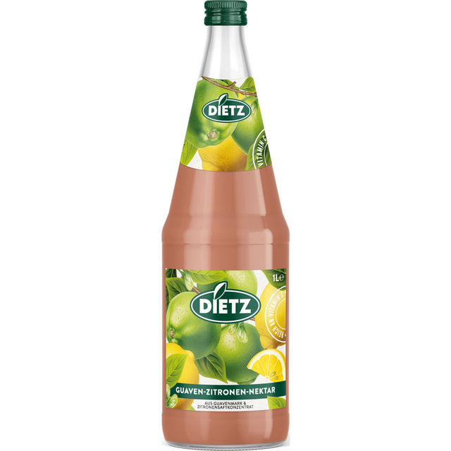 Dietz Guaven-Zitronen-Nektar 6x1L (MEHRWEG) kombiniert Guave und Zitrone zu einem exotischen Fruchtsaft-Ideal für einen erfrischenden Genuss.