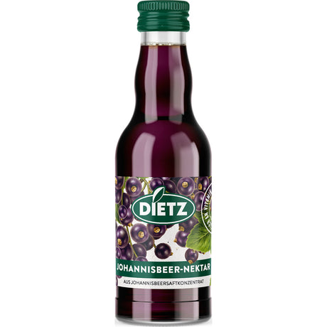 Eine Packung Dietz Johannisbeer-Nektar 12x 0,2L (MEHRWEG) liefert schwarzen Johannisbeersaft mit grünem Deckel und Beeren-Etikett und bietet pure Beerenfrische in jedem Schluck.